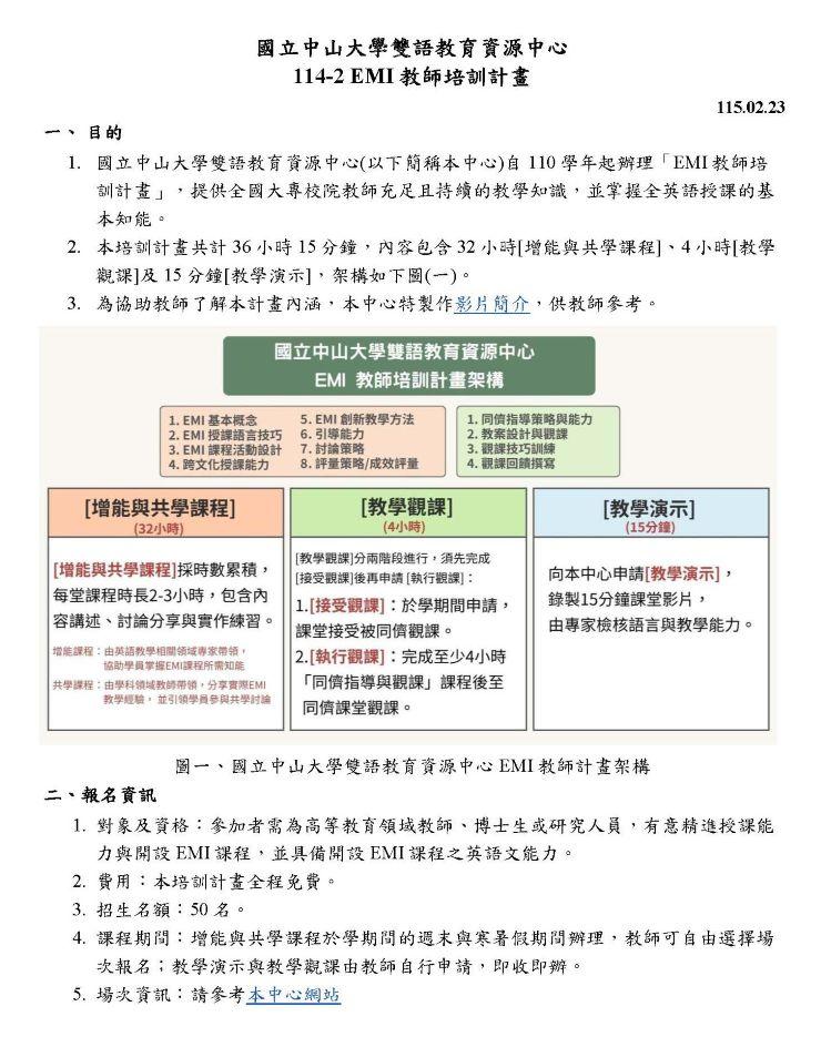 114-2 EMI教師培訓計畫—增能與共學課程開放報名！